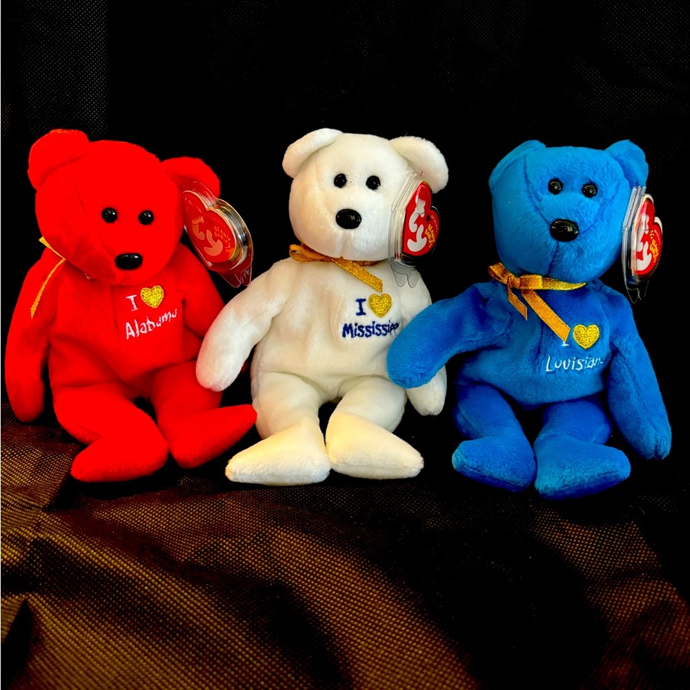 Set of 3 TY Beanie Babies - I LOVE ALABAMA / MISSISSIPPI / ILLINOIS